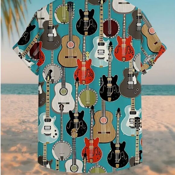Guitar Graphic Men's Dress Shirt Button Front Short Sleeve Music Instrument - Picture 5 of 5